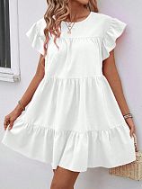 Round Neck Bubble Sleeve Solid Dress With Ruffled Hem RS-202606 Round Neck Bubble Sleeve Solid Dress With Ruffled Hem RS-202606