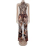 Fashion Women's Backless Tiger Print Wide-leg One-piece Pants BY-7723