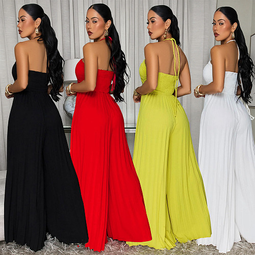 Fashion Women's Summer Lace-up Pleated Wide-leg One-piece Pants BY-7735