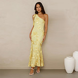 Fashion Women's Summer Elegant Jacquard Oblique Shoulder Bodycon Formal Dress BY-7747