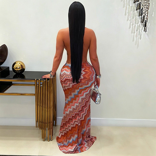Fashion Women's Casual Printed Sleeveless Ripple Summer Long Dress BY-7727