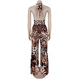 Fashion Women's Backless Tiger Print Wide-leg One-piece Pants BY-7723