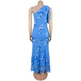 Fashion Women's Summer Elegant Jacquard Oblique Shoulder Bodycon Formal Dress BY-7747