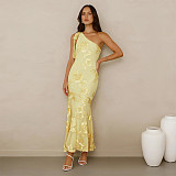 Fashion Women's Summer Elegant Jacquard Oblique Shoulder Bodycon Formal Dress BY-7747