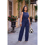 Women's Fashionable Polka Dot Print Sleeveless Strap Straight-leg Pants Set ASL-6823