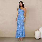 Fashion Women's Summer Elegant Jacquard Oblique Shoulder Bodycon Formal Dress BY-7747