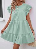 Round Neck Bubble Sleeve Solid Dress With Ruffled Hem RS-202606