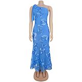 Fashion Women's Summer Elegant Jacquard Oblique Shoulder Bodycon Formal Dress BY-7747