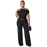 Fashionable Off-Shoulder Asymmetrical Top with Gathered Wide-Leg Pants Set ASL-6818