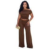 Fashionable Off-Shoulder Asymmetrical Top with Gathered Wide-Leg Pants Set ASL-6818