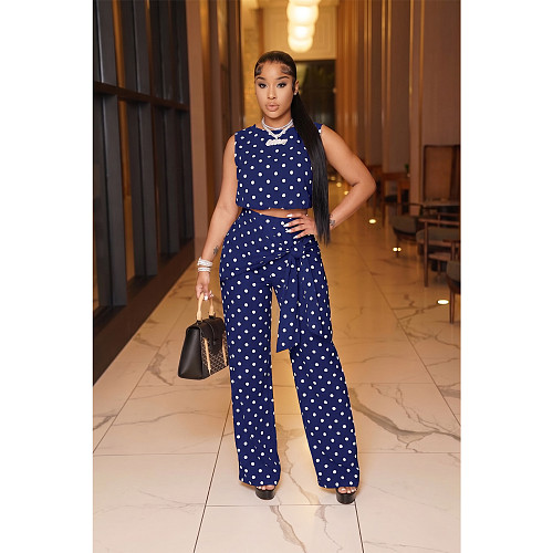 Women's Fashionable Polka Dot Print Sleeveless Strap Straight-leg Pants Set ASL-6823
