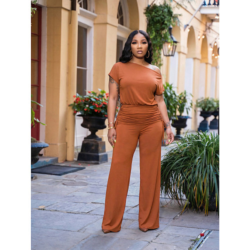 Fashionable Off-Shoulder Asymmetrical Top with Gathered Wide-Leg Pants Set ASL-6818