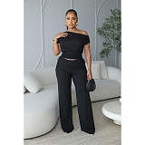 Fashionable Off-Shoulder Asymmetrical Top with Gathered Wide-Leg Pants Set ASL-6818