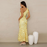 Fashion Women's Summer Elegant Jacquard Oblique Shoulder Bodycon Formal Dress BY-7747