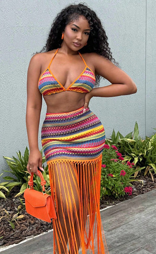 Colorful Striped Fringe Bohemian Backless Two-piece Skirt Set RS-DL2513