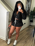 Lapel Collar Zipper Hoodied Drawstring Skirt Set (Including Safety Shorts) CH-26027