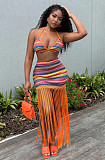 Colorful Striped Fringe Bohemian Backless Two-piece Skirt Set RS-DL2513