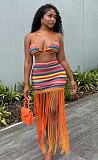Colorful Striped Fringe Bohemian Backless Two-piece Skirt Set RS-DL2513