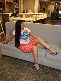 Blue Bowknot Printed Short Sleeved Top+Polka Dot Knee Length Shorts Set RS-F8860