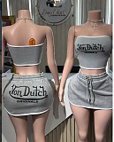 Gray Wrap Hip Letter Print Mini Loose Skirt Set FC-1502