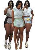 Striped Print Zipper Neck Sleeveless Top Shorts Two-piece Set CH-26026