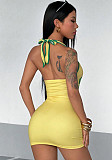 Yellow Tropical Fruit Print Halter Mini Dress RS-1997