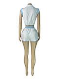 Striped Print Zipper Neck Sleeveless Top Shorts Two-piece Set CH-26026