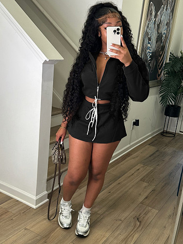 Lapel Collar Zipper Hoodied Drawstring Skirt Set (Including Safety Shorts) CH-26027
