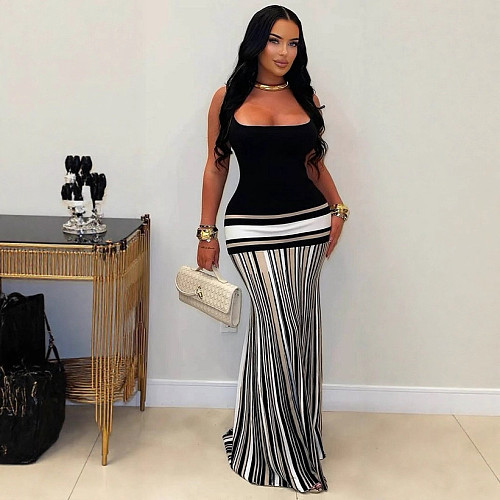 Strap Back Bandage Striped Skirt Maxi Dress LSD-2629