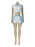 Striped Print Zipper Neck Sleeveless Top Shorts Two-piece Set CH-26026