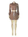 Lapel Collar Zipper Hoodied Drawstring Skirt Set (Including Safety Shorts) CH-26027