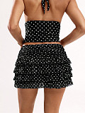 Dot Halter V-neck Vest Fringed Edges Mini Skirt Set SHD-9794