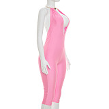 Metallic Halter Deep V Revealing Tight Slimming Knee Length Jumpsuit RS-D26JP159