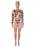 Nude Skin Black Print Long Sleeve Slim Brief Bodysuit SHD-9968