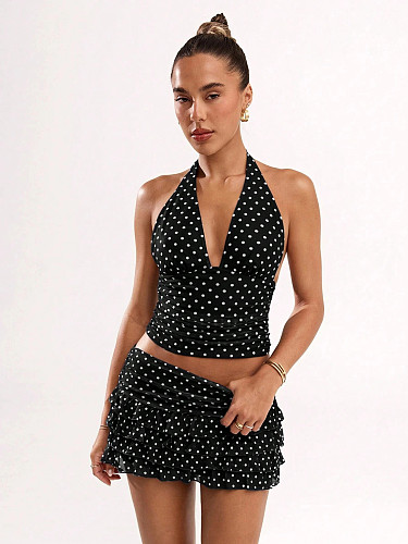 Dot Halter V-neck Vest Fringed Edges Mini Skirt Set SHD-9794