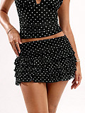 Dot Halter V-neck Vest Fringed Edges Mini Skirt Set SHD-9794
