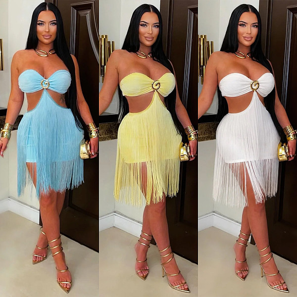 Wrap Bra Strapless Fringe Knee Length Dress For Nightclub Party BY-7741