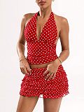Dot Halter V-neck Vest Fringed Edges Mini Skirt Set SHD-9794
