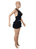Dot Halter V-neck Vest Fringed Edges Mini Skirt Set SHD-9794