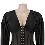 Sexy V-neck Sheer Long Sleeve Net Mini Dress BY-7685