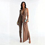 Backless Sleeveless Deep V-neck Solid Slim One-piece Long Pants Jumpsuit RS-Q26JP051