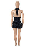 Dot Halter V-neck Vest Fringed Edges Mini Skirt Set SHD-9794