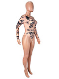 Nude Skin Black Print Long Sleeve Slim Brief Bodysuit SHD-9968
