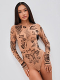 Nude Skin Black Print Long Sleeve Slim Brief Bodysuit SHD-9968