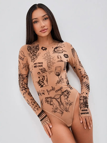 Nude Skin Black Print Long Sleeve Slim Brief Bodysuit SHD-9968