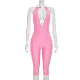 Metallic Halter Deep V Revealing Tight Slimming Knee Length Jumpsuit RS-D26JP159