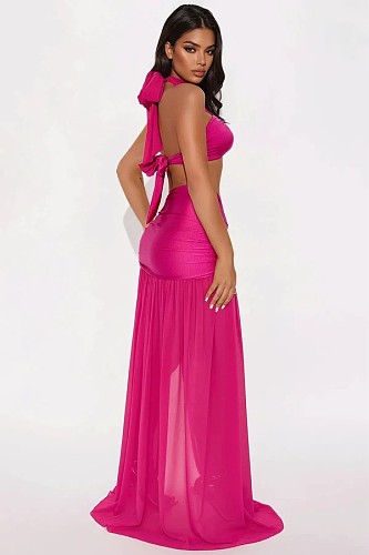 Rose Red Halter Bra Transparent Maxi Dress Two Pieces SHD-9980