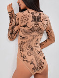 Nude Skin Black Print Long Sleeve Slim Brief Bodysuit SHD-9968