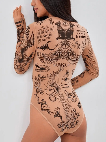 Nude Skin Black Print Long Sleeve Slim Brief Bodysuit SHD-9968