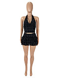 Dot Halter V-neck Vest Fringed Edges Mini Skirt Set SHD-9794